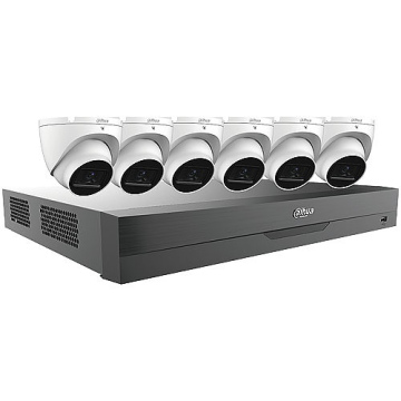 Dahua N484L62A Lite-Series E-VU Security System, 7-Piece, Includes (1) N41C2P2 8-Channel 4K NVR, 2TB, Black (6) N41CJ02 4MP Turret IP Cameras, White